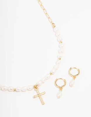 Gold Plated Freshwater Pearls Cross Necklace & Huggie Earrings Set