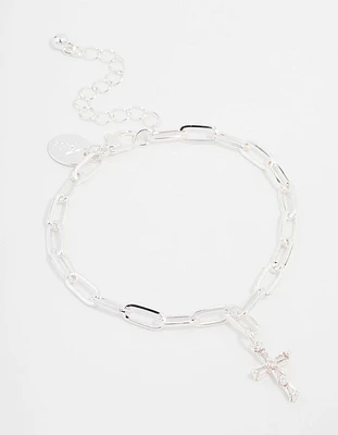 Silver Plated Cross Charm Chain Bracelet