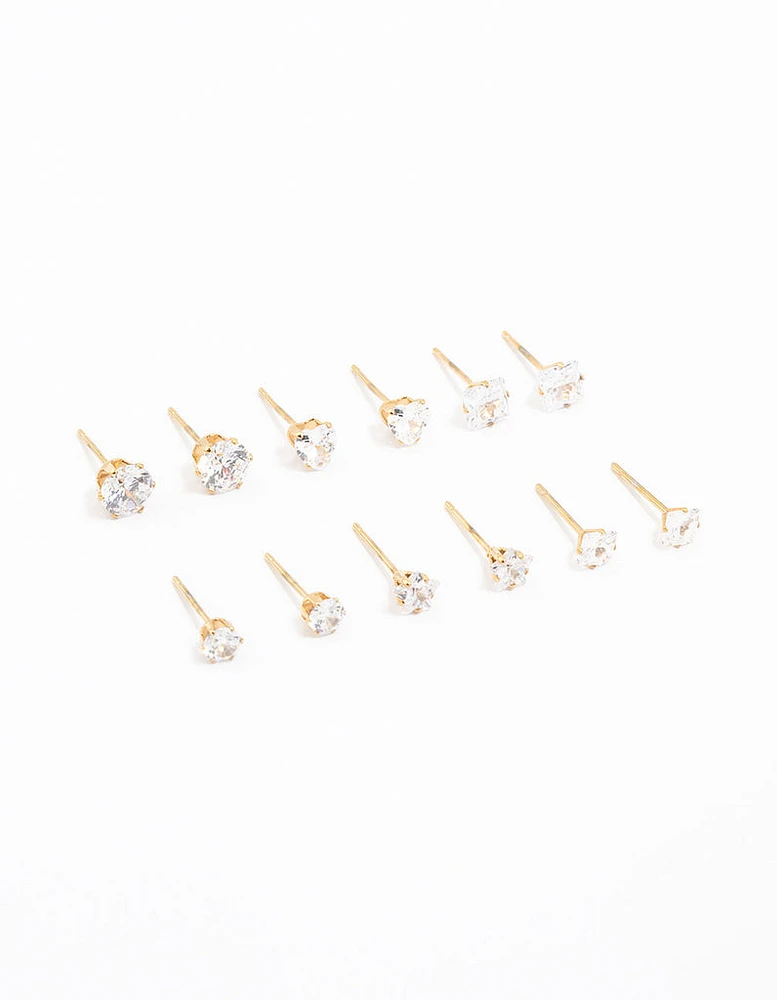 Gold Plated Stainless Steel Cubic Zirconia Stud Earrings 6-Pack