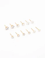 Gold Plated Stainless Steel Cubic Zirconia Stud Earrings 6-Pack