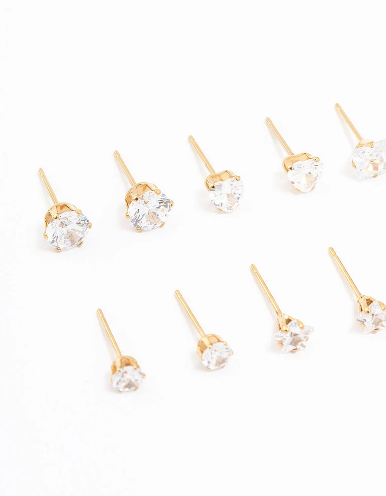 Gold Plated Stainless Steel Cubic Zirconia Stud Earrings 6-Pack