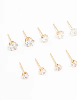 Gold Plated Stainless Steel Cubic Zirconia Stud Earrings 6-Pack