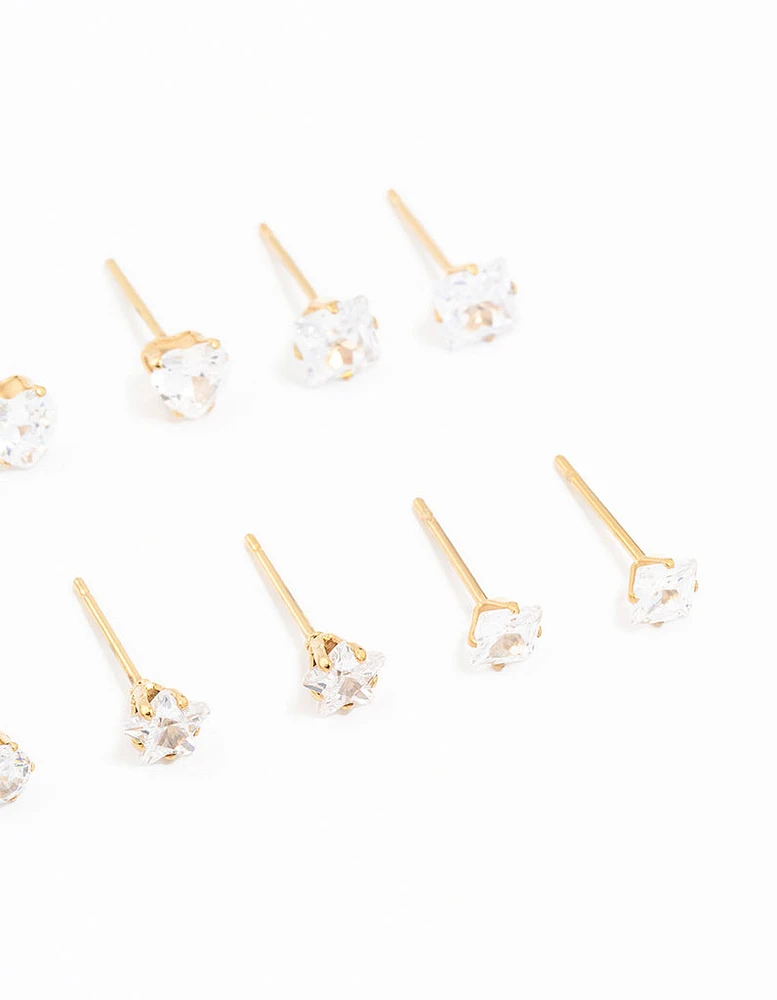 Gold Plated Stainless Steel Cubic Zirconia Stud Earrings 6-Pack