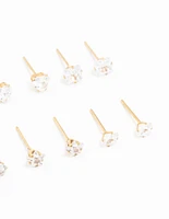 Gold Plated Stainless Steel Cubic Zirconia Stud Earrings 6-Pack