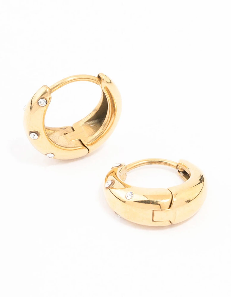 Waterproof Gold Plated Stainless Steel Crystal Huggie Hoop Earrings