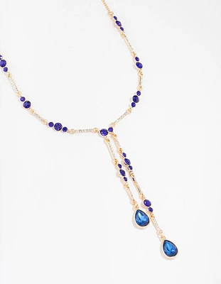 Gold Blue Diamante Y-Necklace