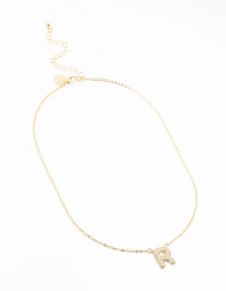 Gold Plated Pave Letter R Necklace