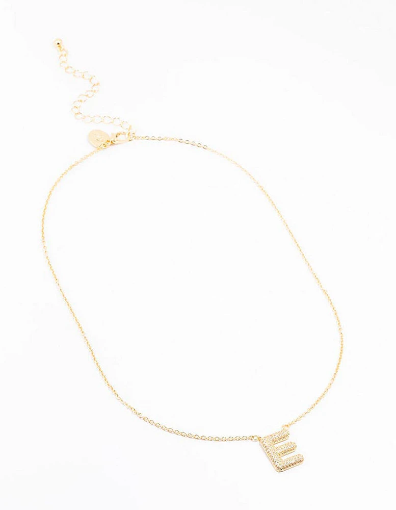 Gold Plated Pave Letter E Necklace