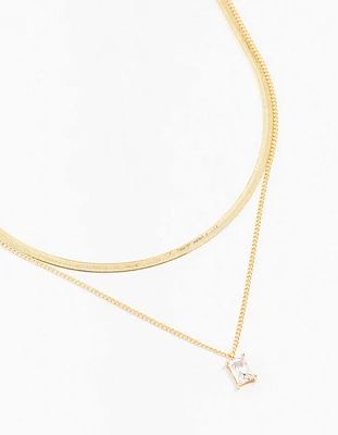 Gold Plated Baguette Snake Pendant Layered Necklace