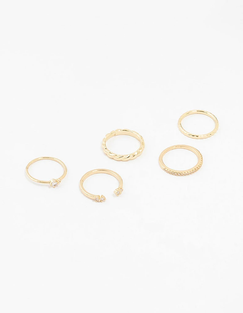 Gold Plated Diamante Dainty Rings 5-Pack