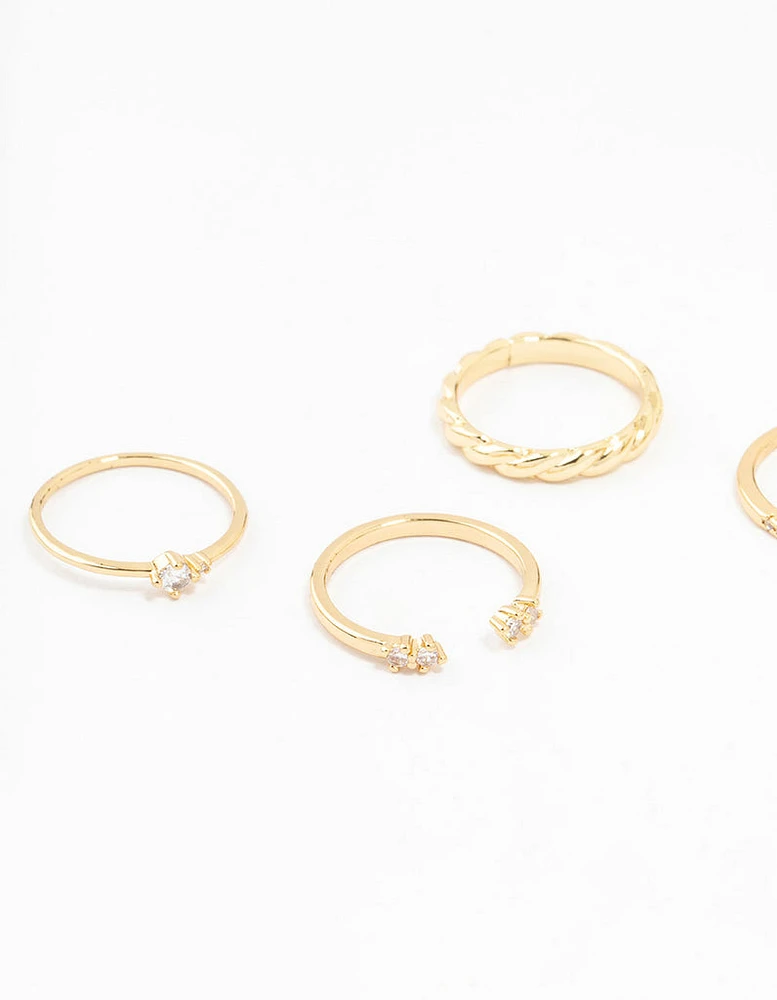 Gold Plated Dainty Diamante Rings 5-Pack