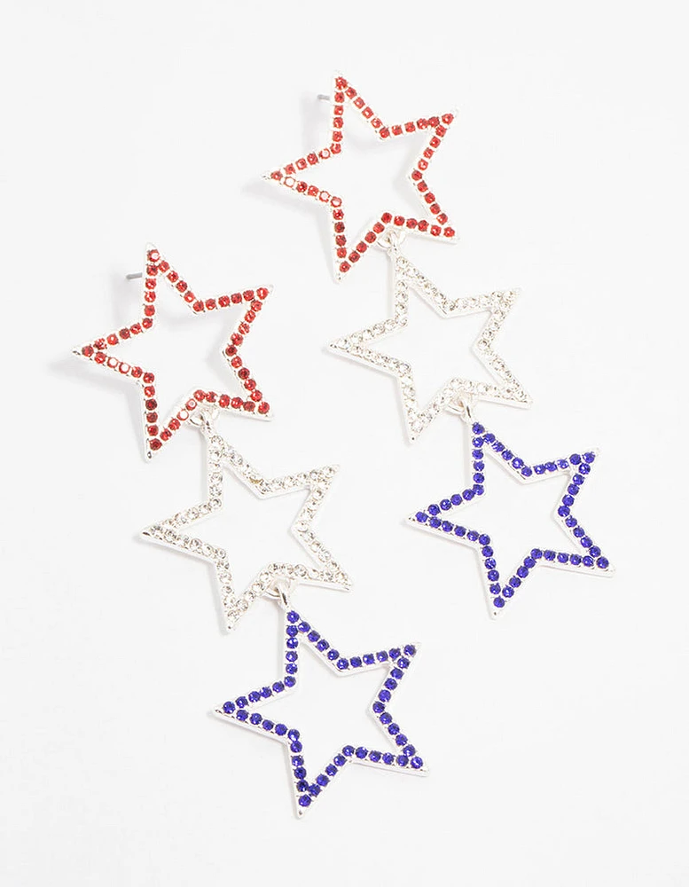 Red & Blue Star Diamante Drop Earrings