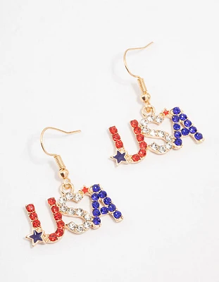 Gold USA Diamante Flag Drop Earrings