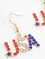 Gold USA Diamante Flag Drop Earrings