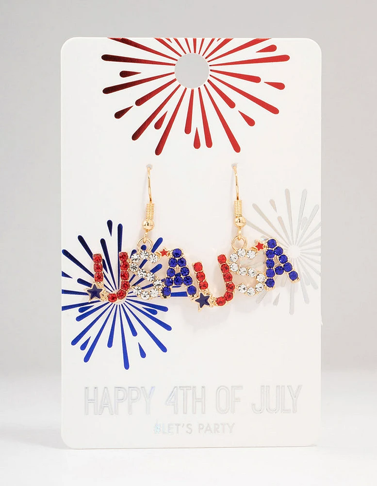 Gold USA Diamante Flag Drop Earrings