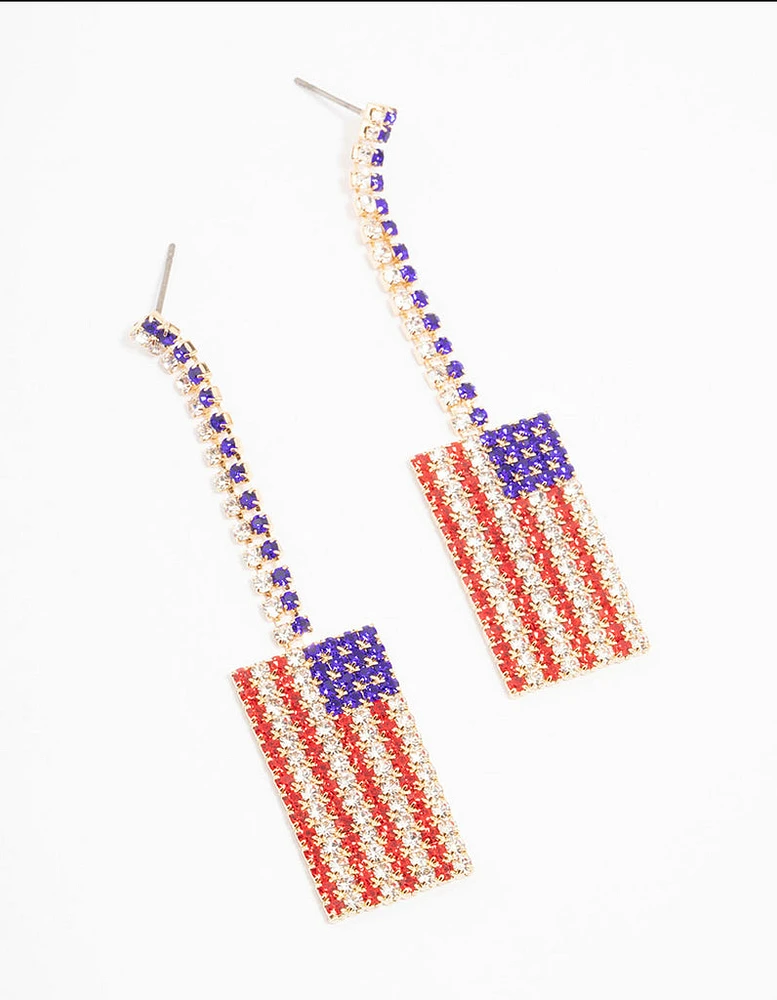 Gold Diamante American Flag Drop Earrings