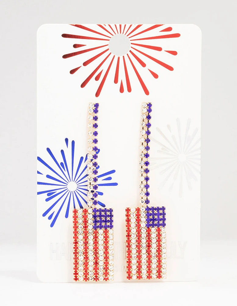 Gold Diamante American Flag Drop Earrings