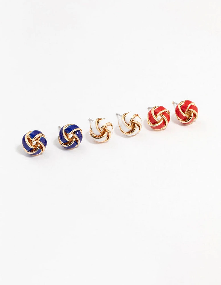 Blue, White & Red Knotted Stud Earring 3-Pack