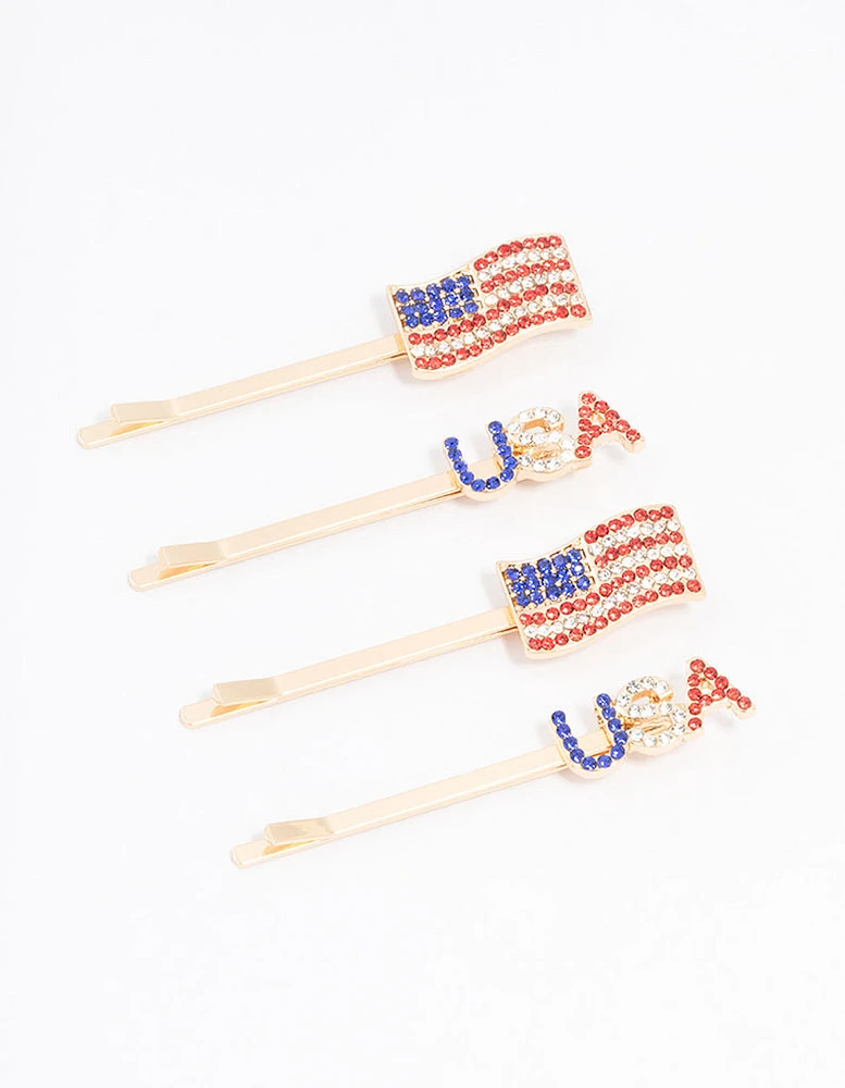 Gold USA American Flag Hair Clip 4-Pack