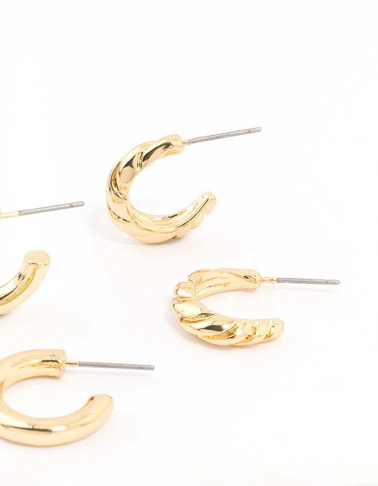 Gold Plated Textured & Smooth Hoop Earrings 2-Pack