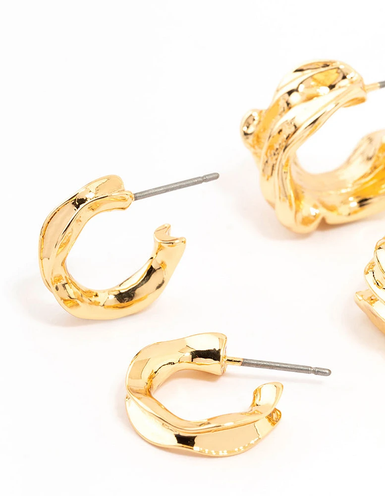 Gold Plated Molten Thick & Thin Hoop Earrings 2-Pack