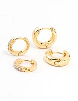 Gold Plated Diamante & Plain Huggie Earrings 2-Pack