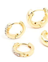 Gold Plated Diamante & Plain Huggie Earrings 2-Pack