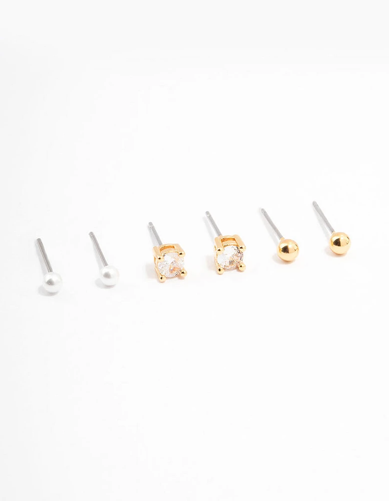 Gold Plated Cubic Zirconia Pearl Ball Stud Earrings 3-Pack