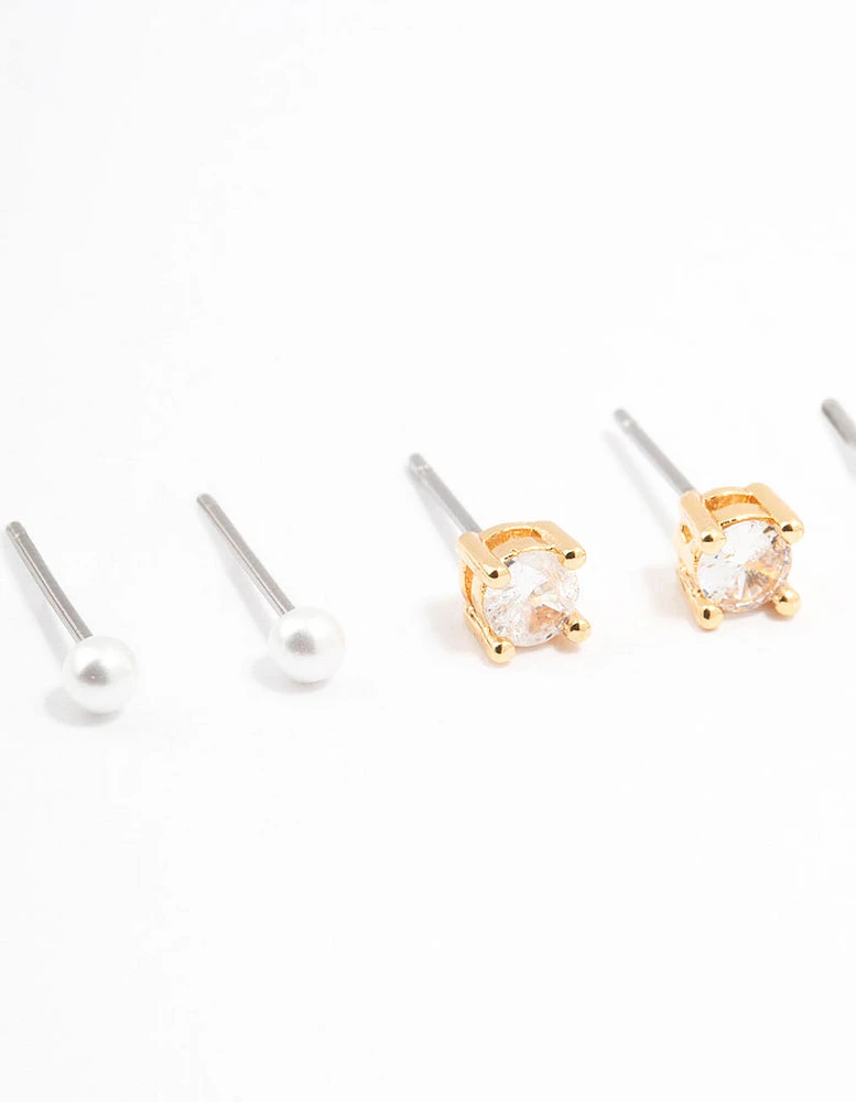 Gold Plated Cubic Zirconia Pearl Ball Stud Earrings 3-Pack