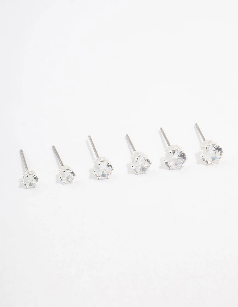 Silver Plated Cubic Zirconia Stud Earrings 3-Pack