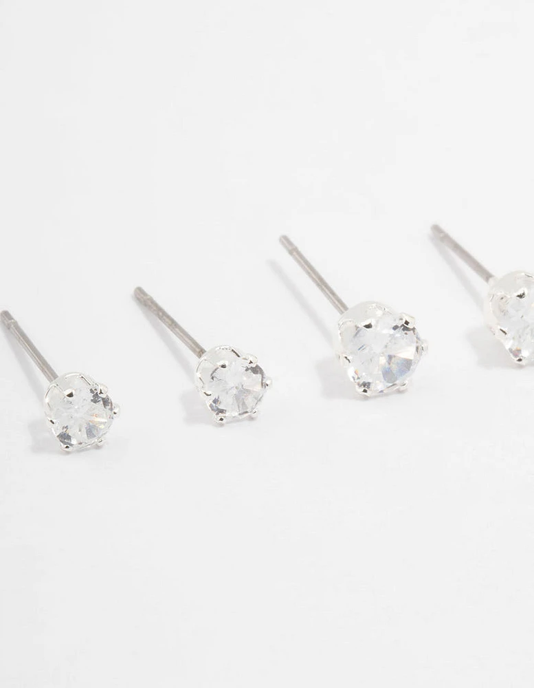 Silver Plated Cubic Zirconia Stud Earrings 3-Pack