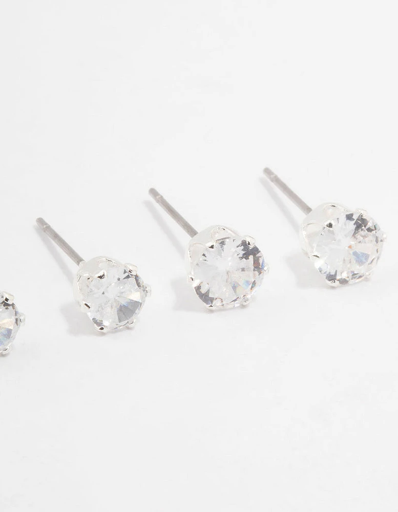 Silver Plated Cubic Zirconia Stud Earrings 3-Pack