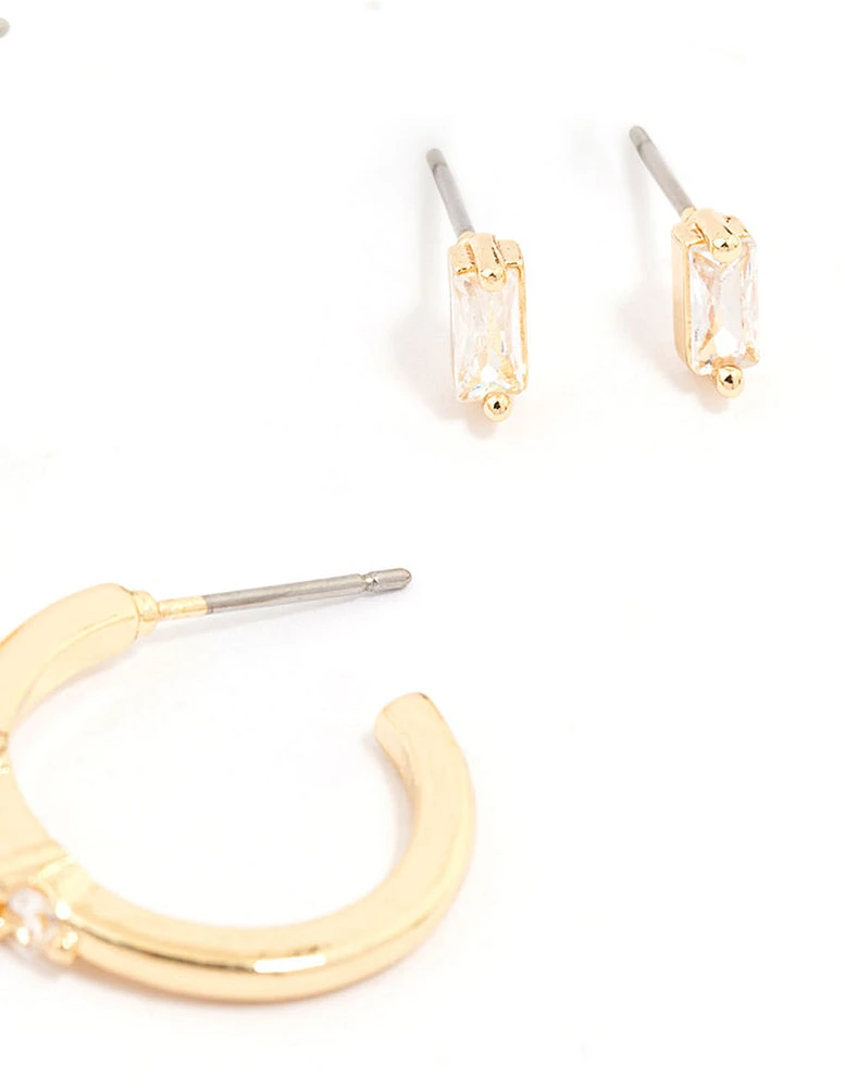 Gold Plated Cubic Zirconia Baguette Stud & Hoop Earrings 2-Pack