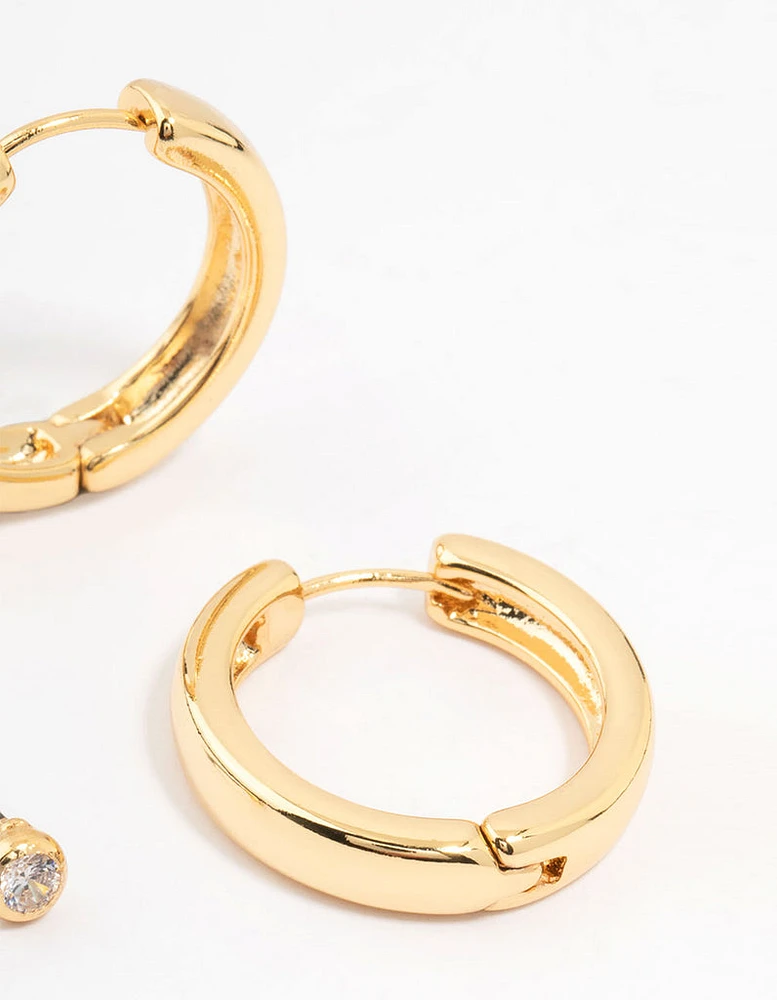 Gold Plated Cubic Zirconia Stud & Large Hoop Earrings 2-Pack