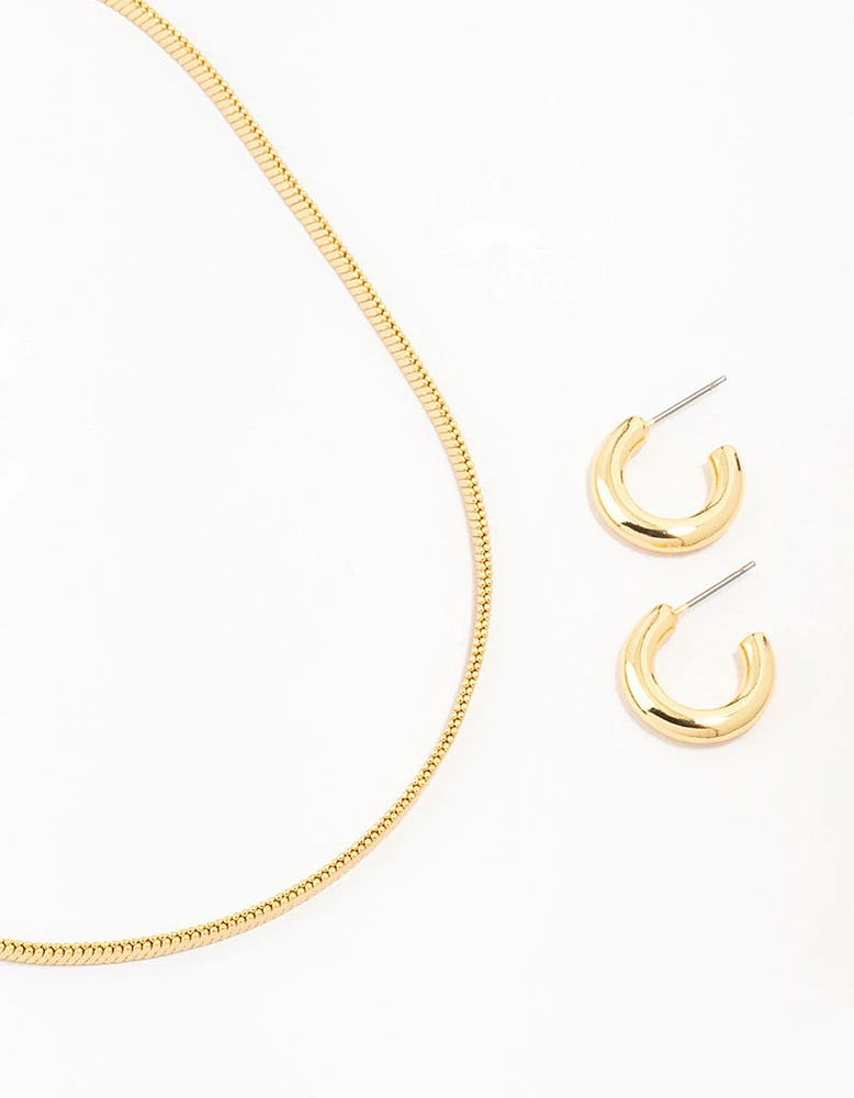 Gold Plated Round Hoop Earring & Herringbone Necklace Set