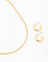 Gold Plated Round Hoop Earring & Herringbone Necklace Set