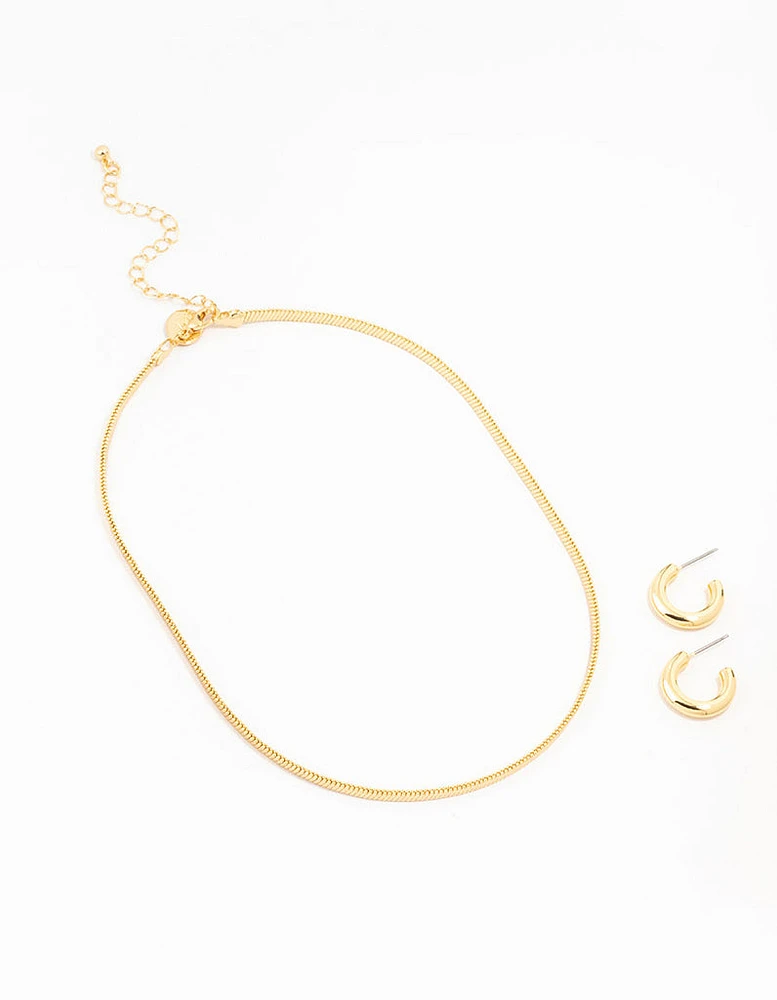 Gold Plated Round Hoop Earring & Herringbone Necklace Set