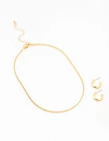 Gold Plated Round Hoop Earring & Herringbone Necklace Set