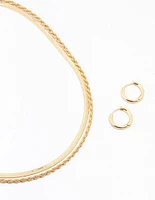 Gold Plated Twist & Snake Chain Necklace & Hoop Set