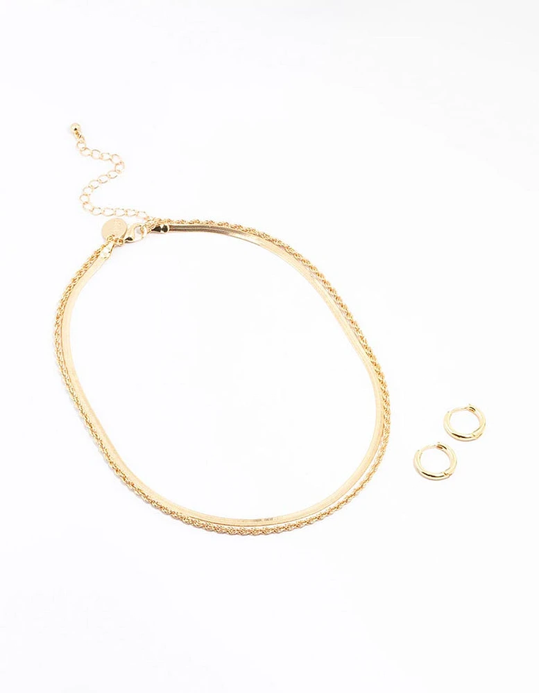 Gold Plated Twist & Snake Chain Necklace & Hoop Set