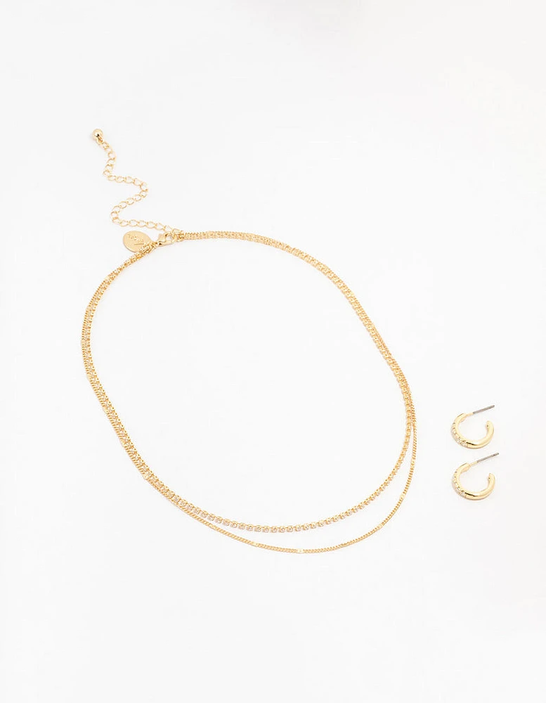 Gold Plated Cubic Zirconia Dainty Hoop & Necklace Set