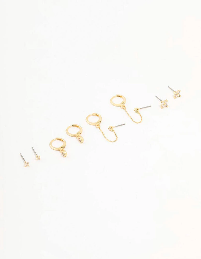 Gold Plated Round Cubic Zirconia & Chain Earrings 5-Pack