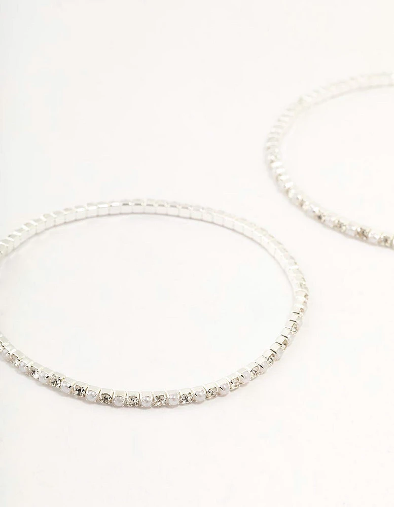 Silver Plated Alternating Mini Cubic Zirconia & Pearl Bracelets 2-Pack