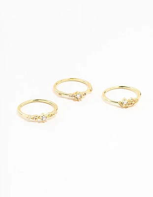 Gold Plated Dainty Cubic Zirconia Cluster Rings 3-Pack