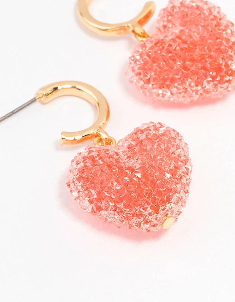 Gold Gummy Heart C Shaped Hoop Earrings