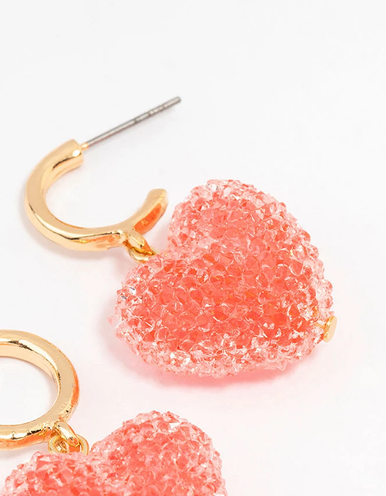 Gold Gummy Heart C Shaped Hoop Earrings