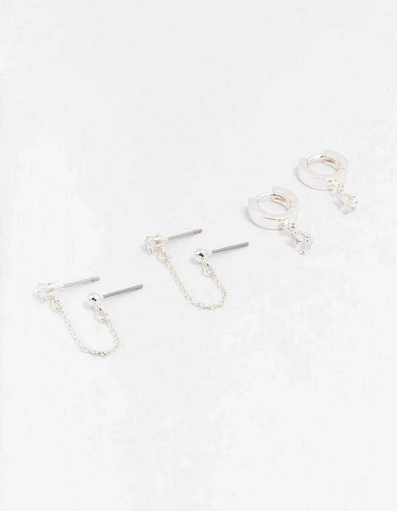 Silver Cubic Zirconia Chain Stud & Hoop Earrings 3-Pack