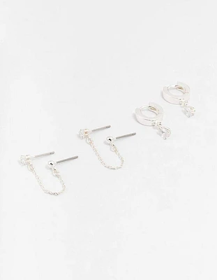 Silver Cubic Zirconia Chain Stud & Hoop Earrings 3-Pack