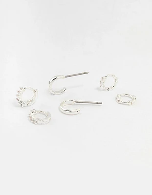 Silver Mixed Diamante Huggie Hoop Earrings 3-Pack