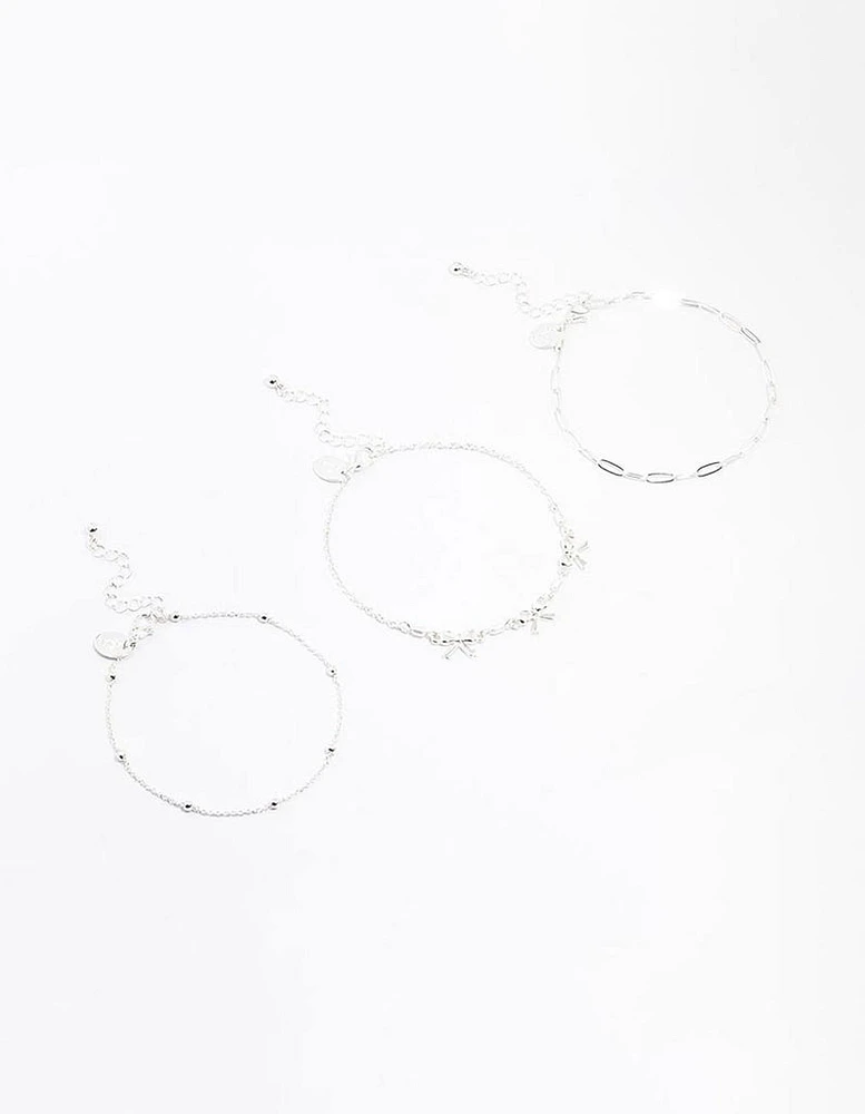 Silver Bow Chain Mixed Anklet 3-Pack